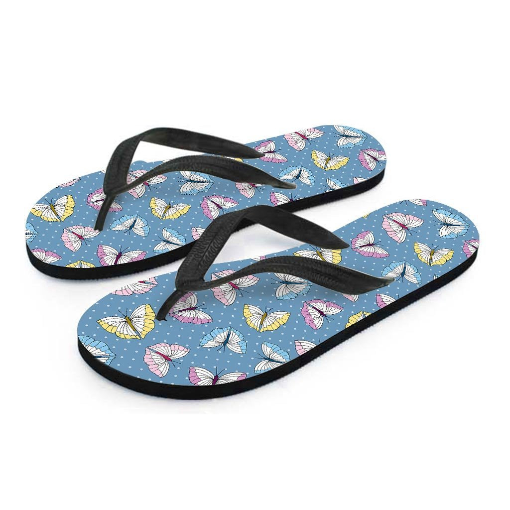 Blue Polka Dots Butterfly Print Women's Flip Flops-grizzshop