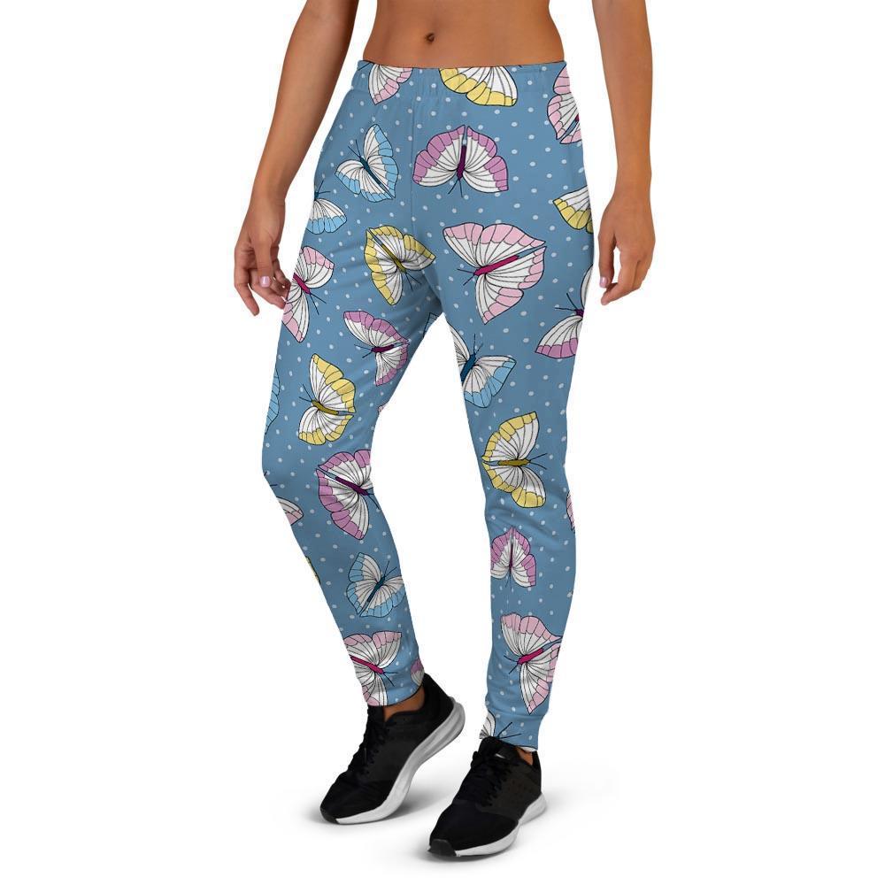 Blue Polka Dots Butterfly Print Women's Joggers-grizzshop