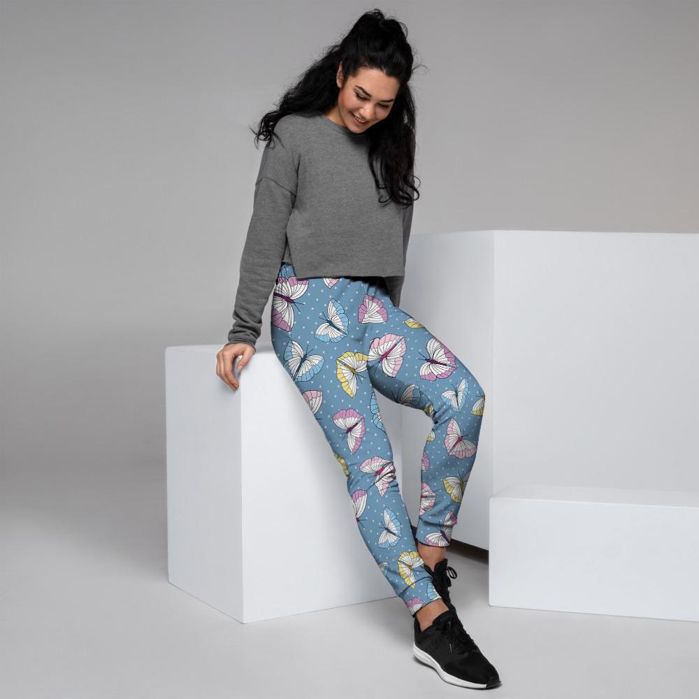 Blue Polka Dots Butterfly Print Women's Joggers-grizzshop