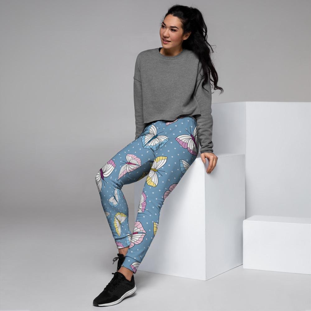 Blue Polka Dots Butterfly Print Women's Joggers-grizzshop