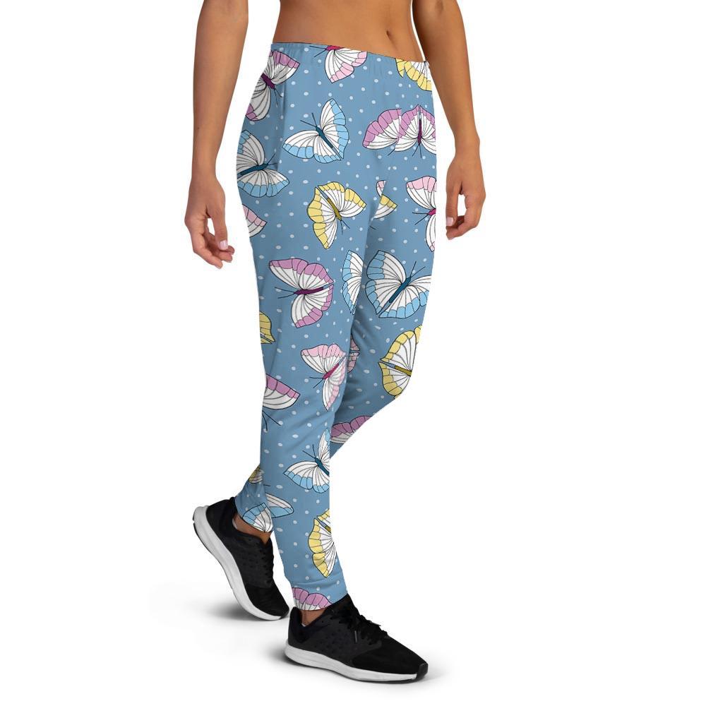 Blue Polka Dots Butterfly Print Women's Joggers-grizzshop