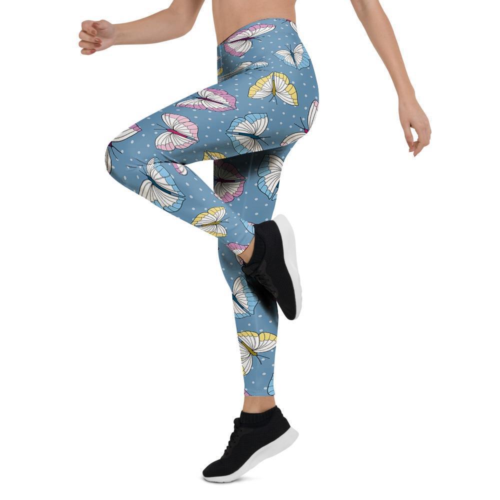 Blue Polka Dots Butterfly Print Women's Leggings-grizzshop