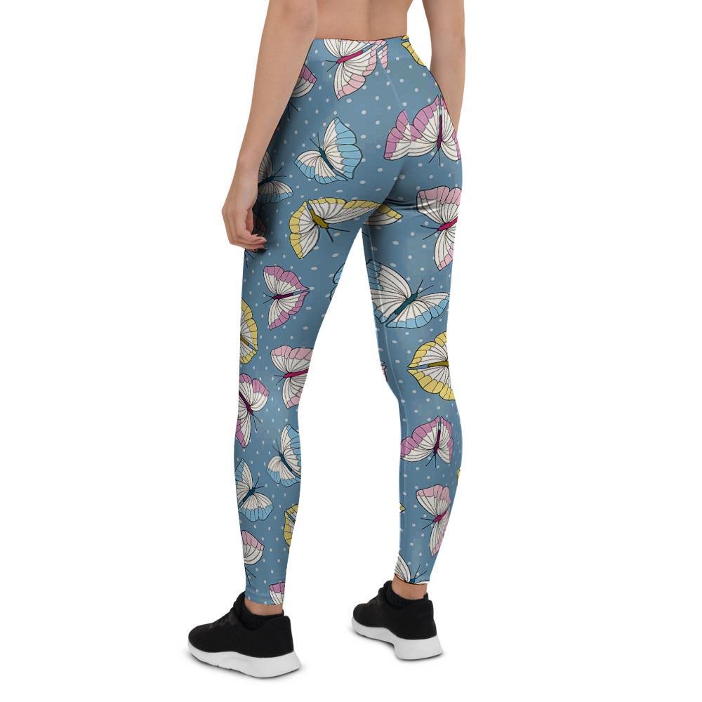 Blue Polka Dots Butterfly Print Women's Leggings-grizzshop