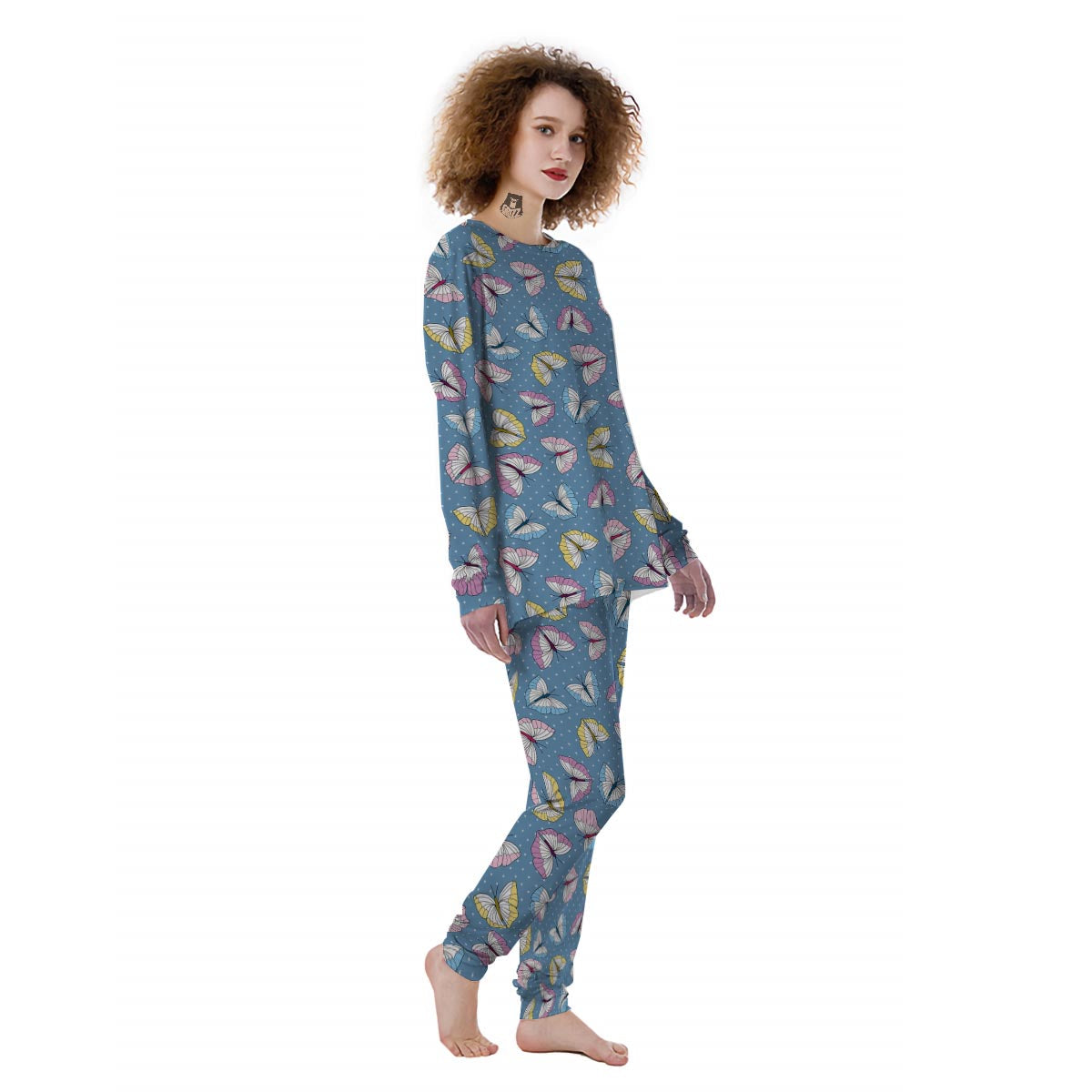 Blue Polka Dots Butterfly Print Women's Pajamas-grizzshop