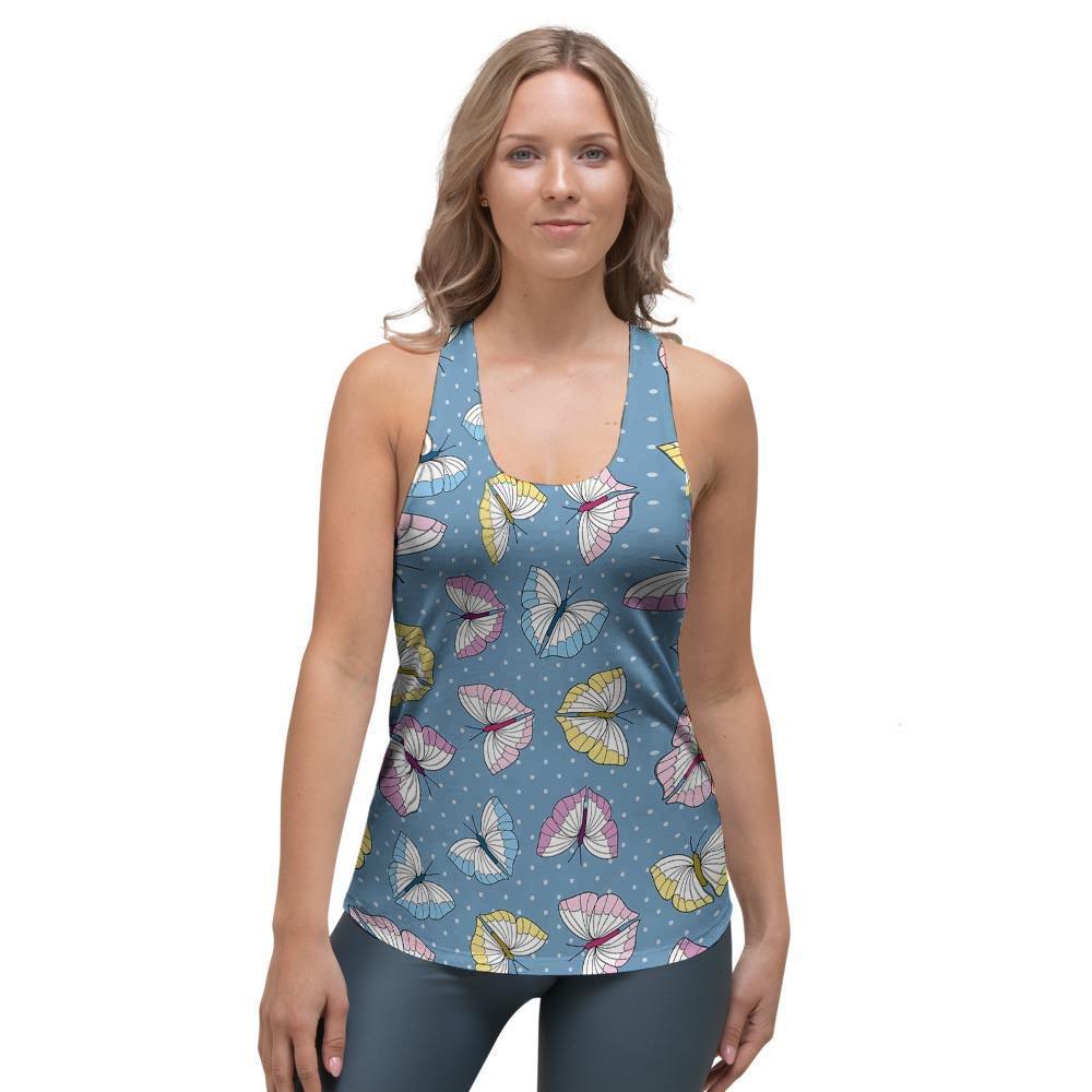 Blue Polka Dots Butterfly Print Women's Racerback Tank Top-grizzshop