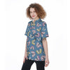 Blue Polka Dots Butterfly Print Women's Short Sleeve Shirts-grizzshop