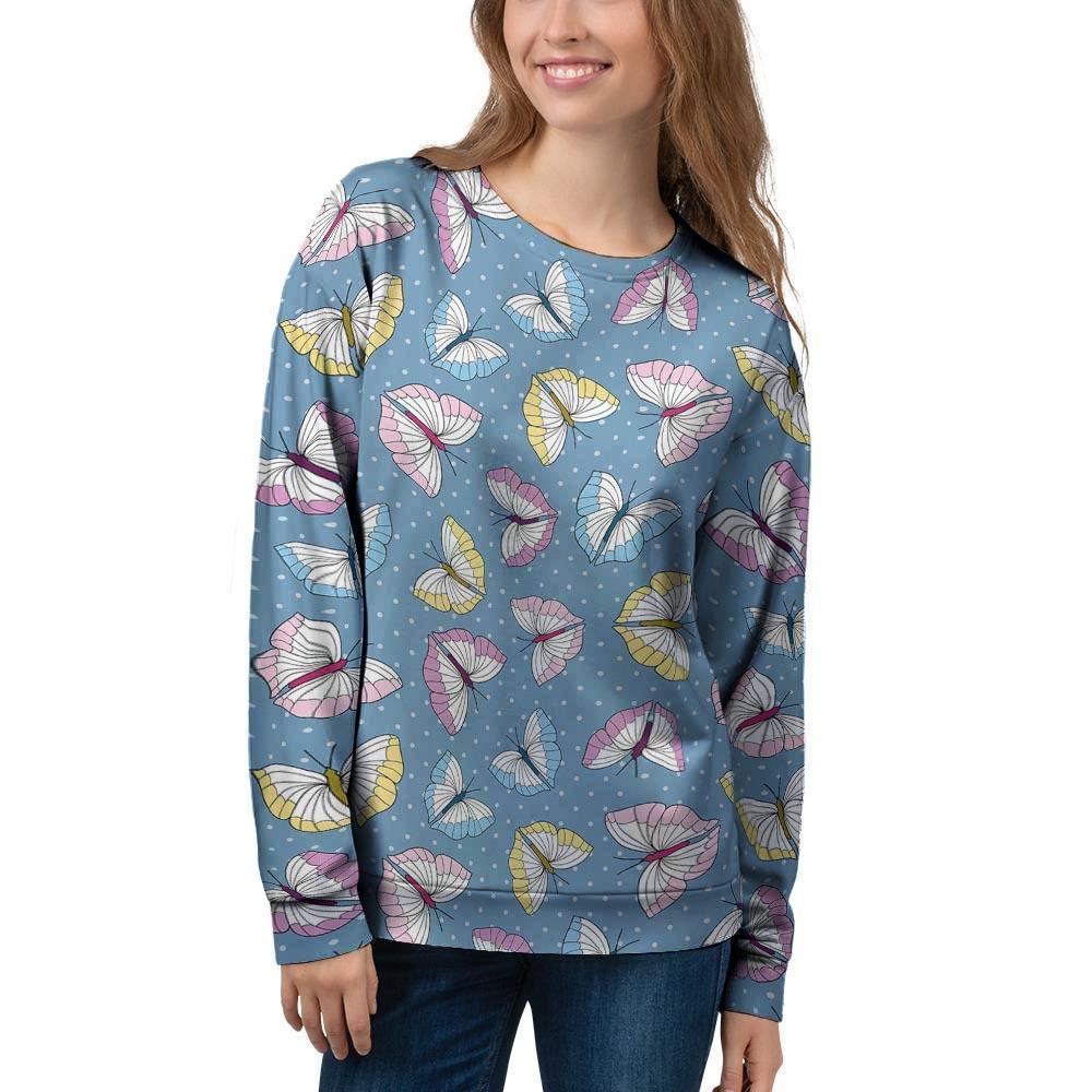 Blue Polka Dots Butterfly Print Women's Sweatshirt-grizzshop