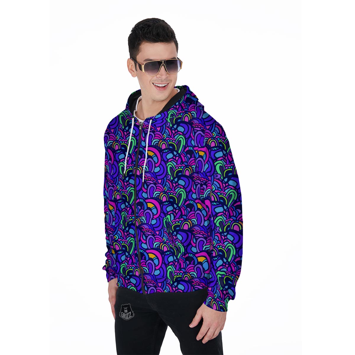 Blue Psychedelic Men's Zip Up Hoodie-grizzshop