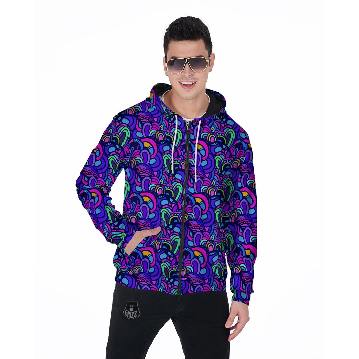 Blue Psychedelic Men's Zip Up Hoodie-grizzshop