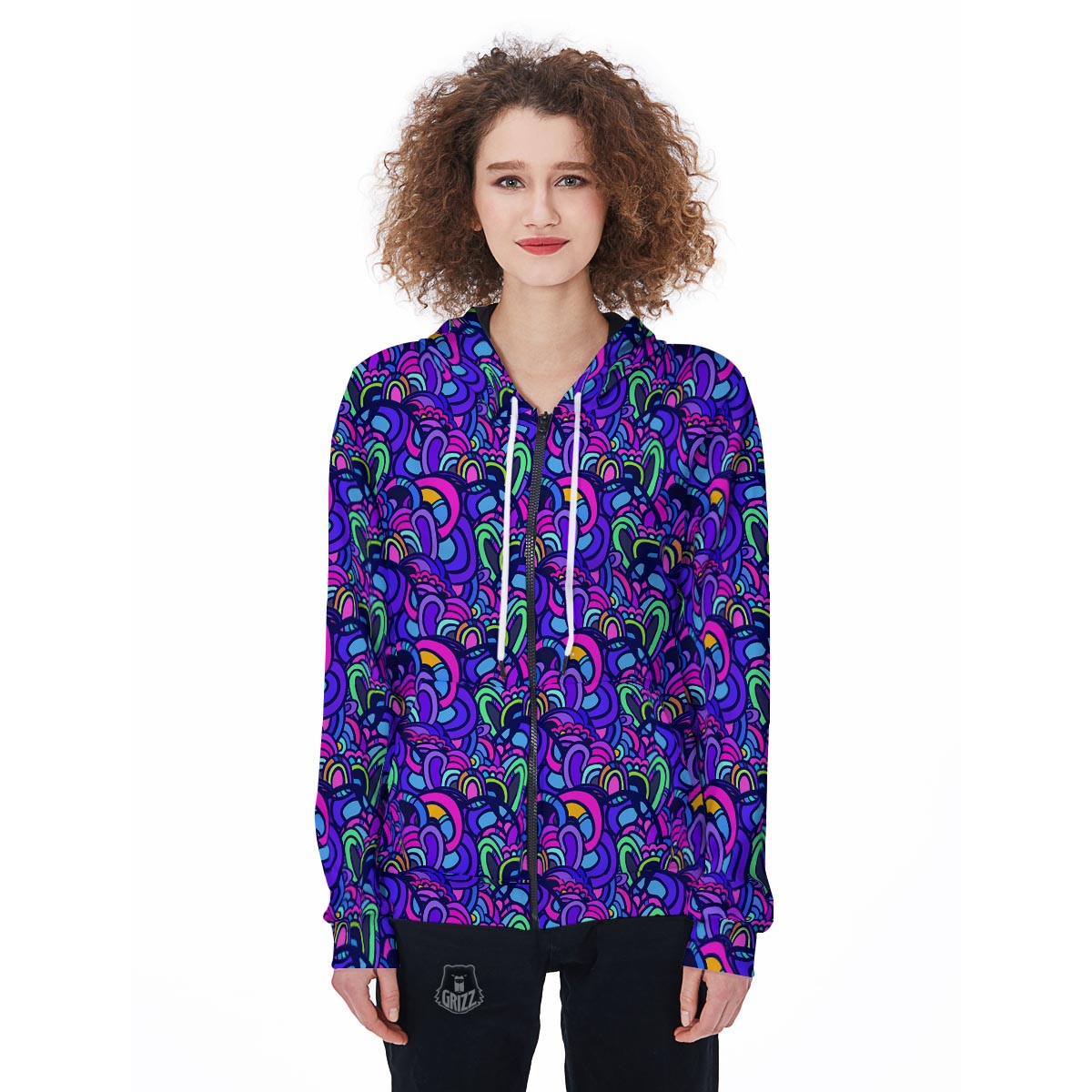 Blue Psychedelic Women's Zip Up Hoodie-grizzshop