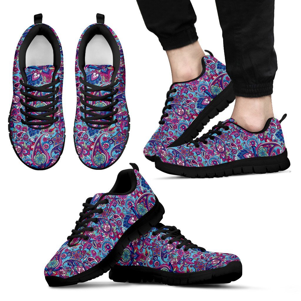 Blue Purple Red Paisley Pattern Print Black Sneaker Shoes For Men Women-grizzshop