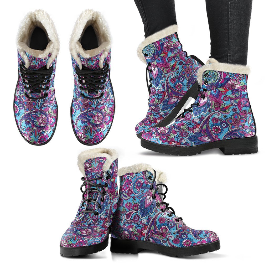 Blue Purple Red Paisley Pattern Print Comfy Winter Boots-grizzshop