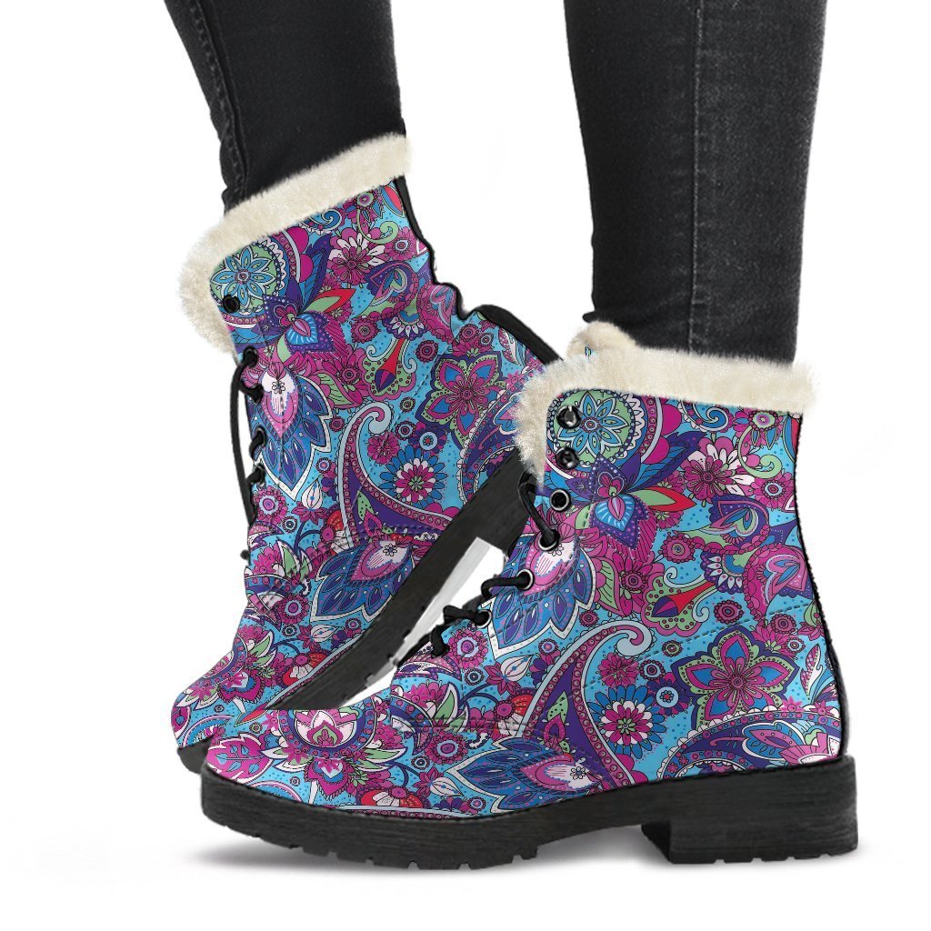 Blue Purple Red Paisley Pattern Print Comfy Winter Boots-grizzshop