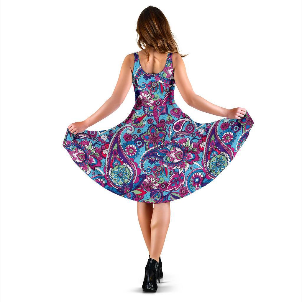 Blue Purple Red Paisley Pattern Print Dress-grizzshop