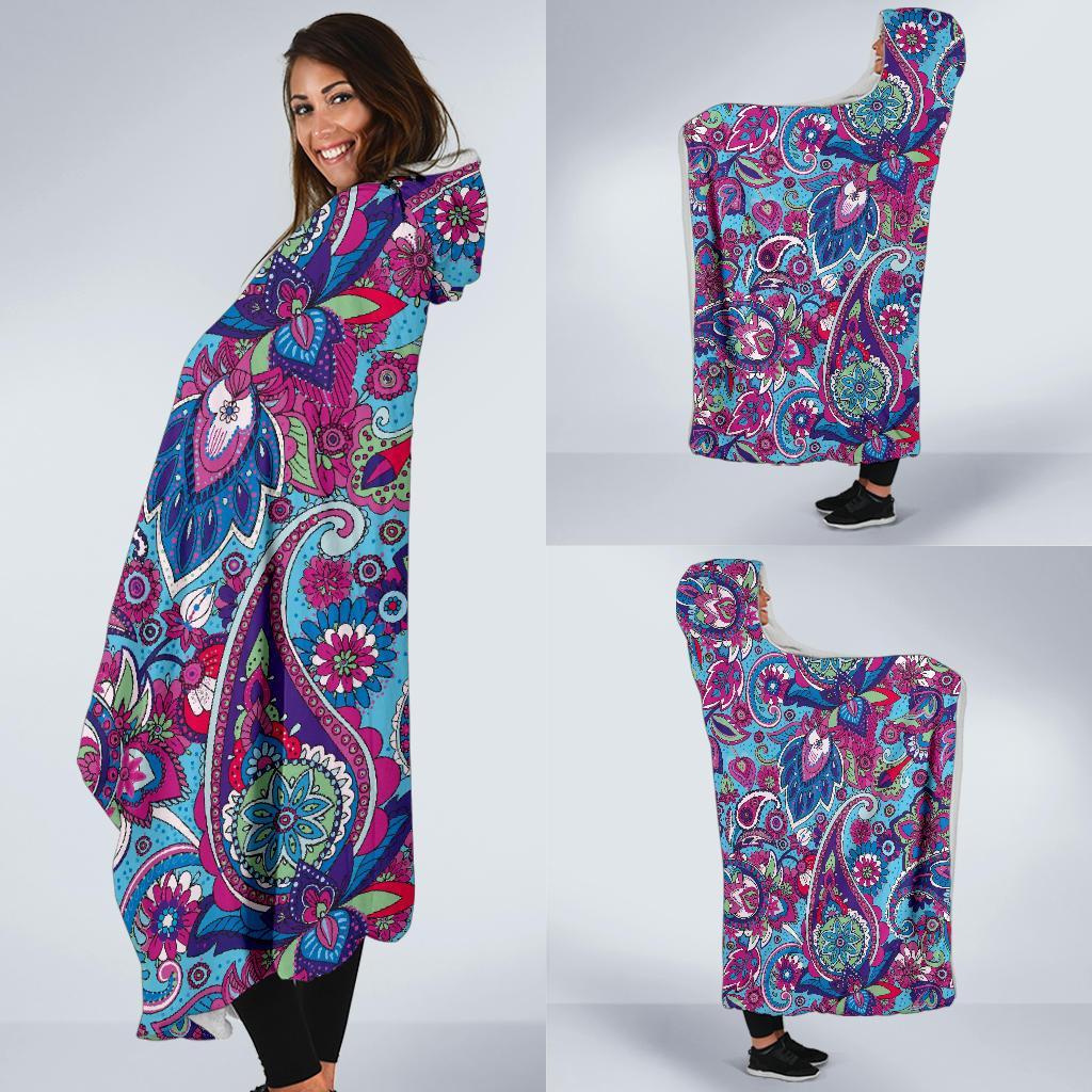 Blue Purple Red Paisley Pattern Print Hooded Blanket-grizzshop