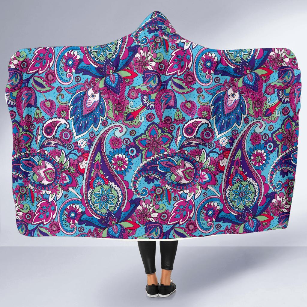 Blue Purple Red Paisley Pattern Print Hooded Blanket-grizzshop