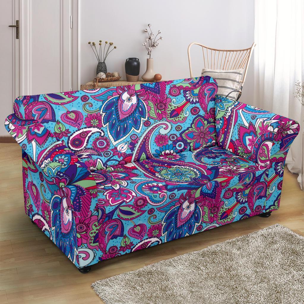 Blue Purple Red Paisley Pattern Print Loveseat Cover-grizzshop