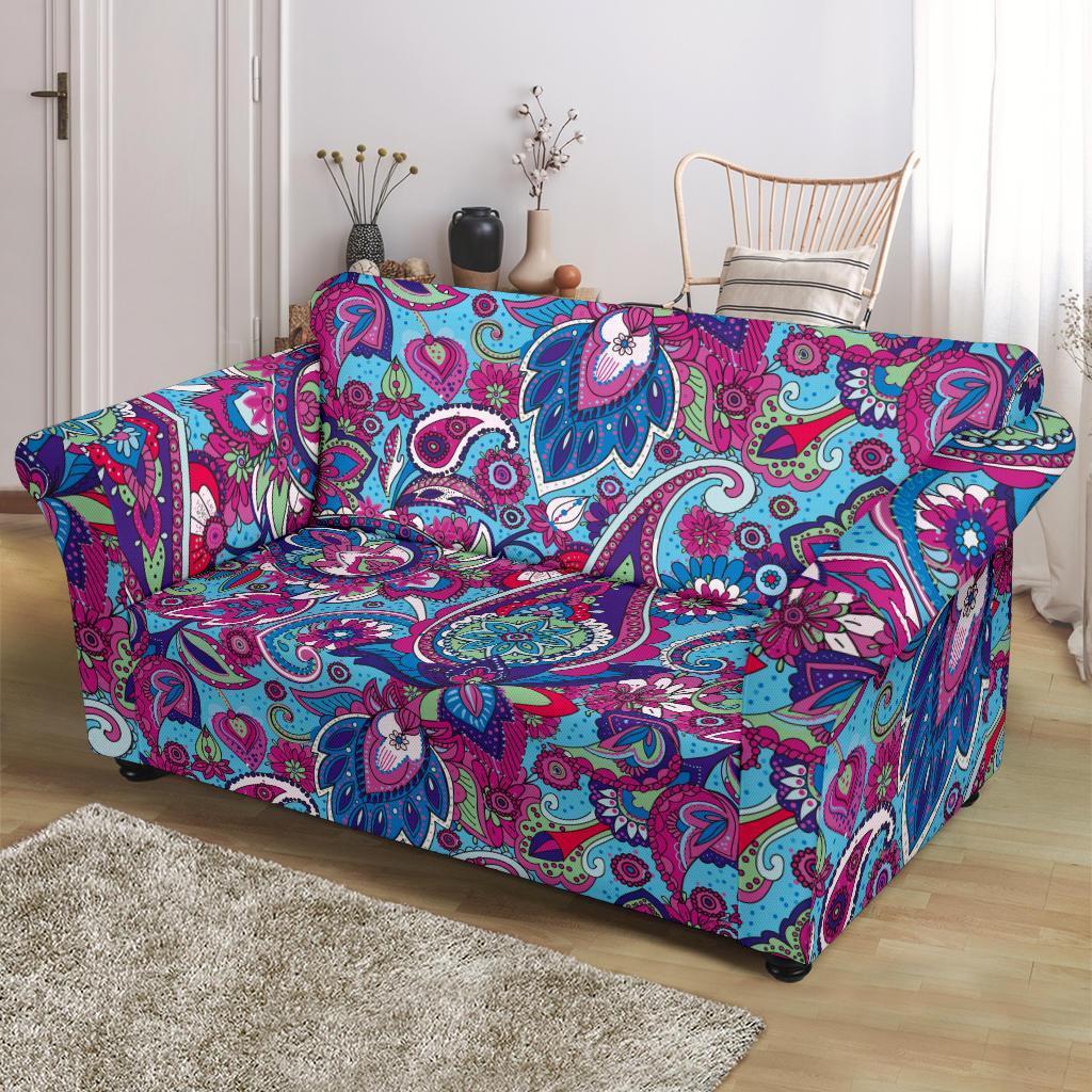 Blue Purple Red Paisley Pattern Print Loveseat Cover-grizzshop