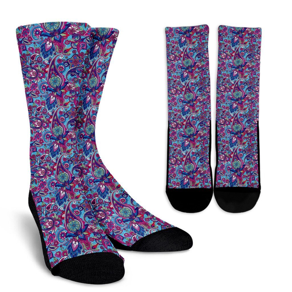 Blue Purple Red Paisley Pattern Print Unisex Crew Socks-grizzshop