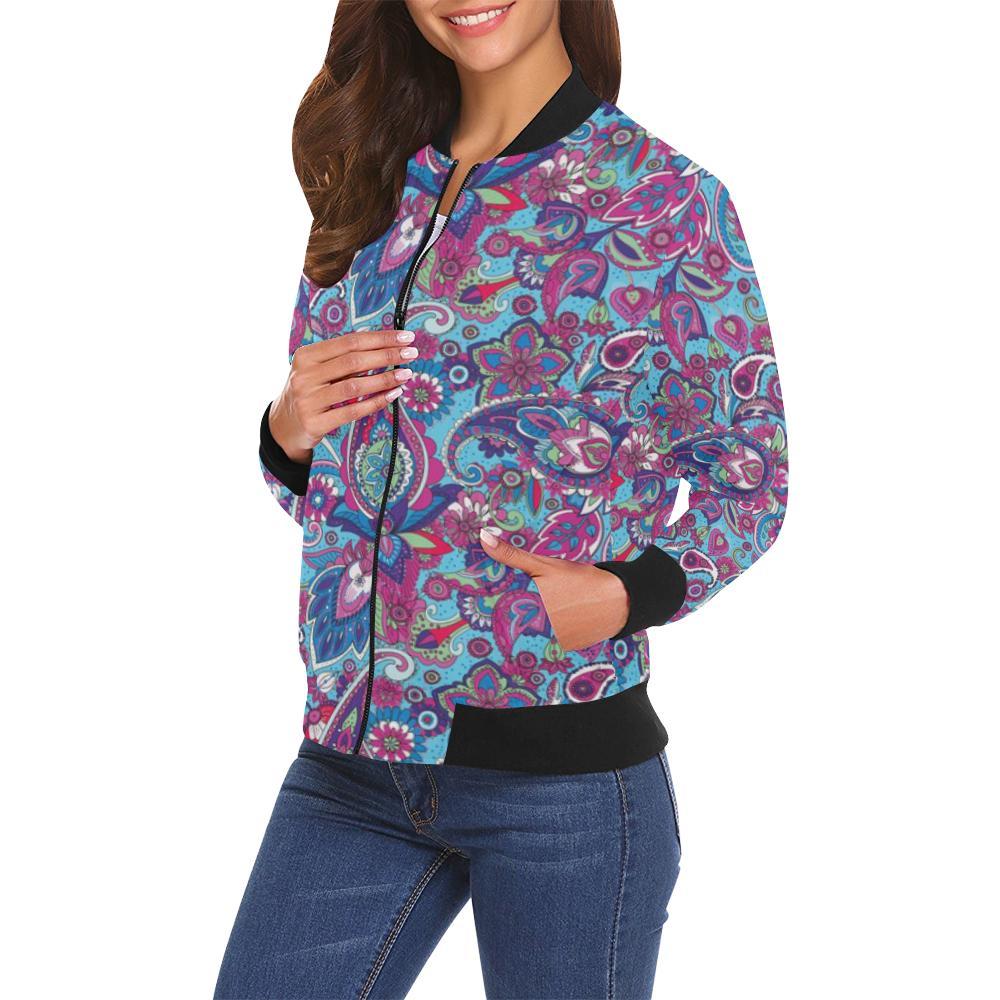 Blue Purple Red Paisley Pattern Print Women Casual Bomber Jacket-grizzshop