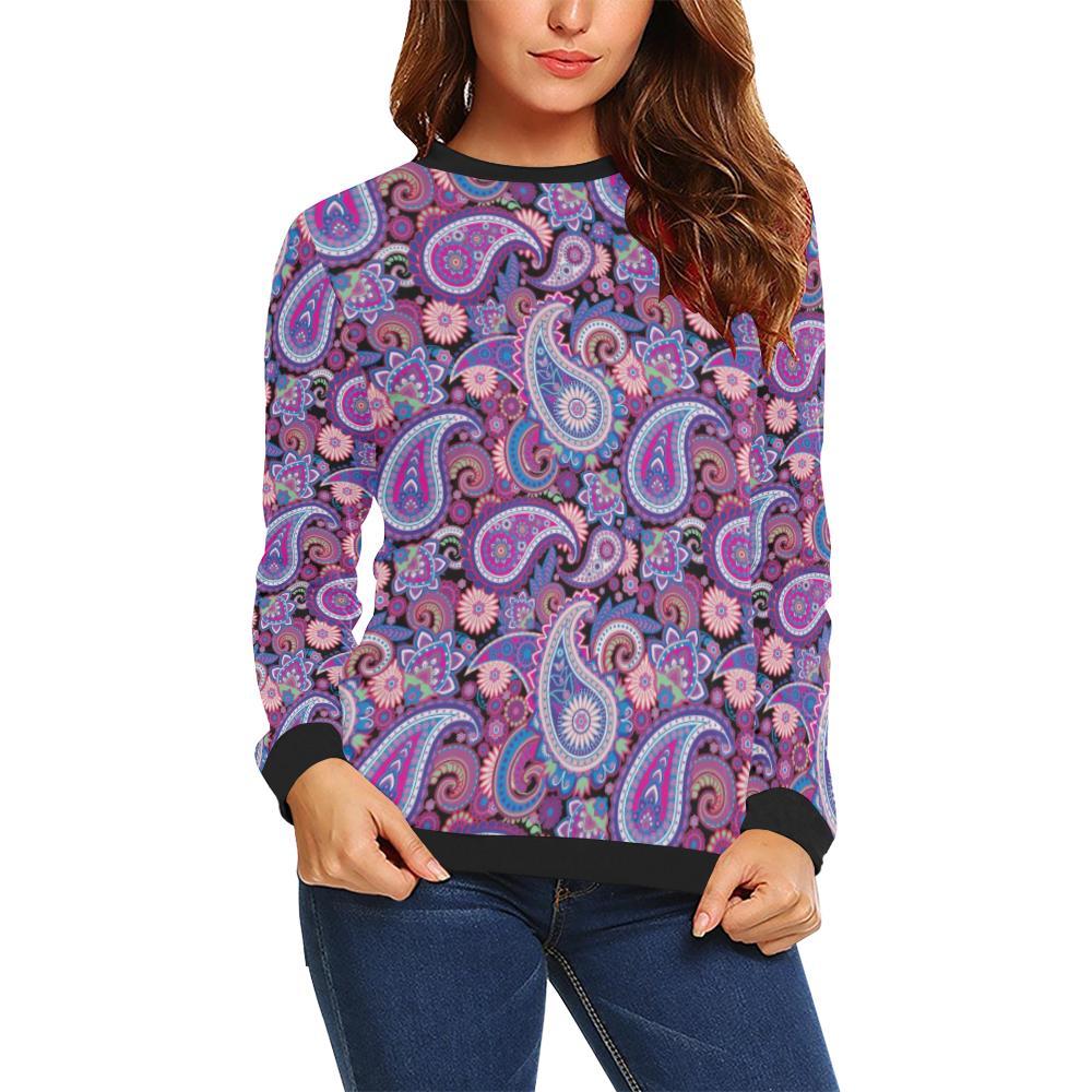 Blue Purple Red Paisley Pattern Print Women Crewneck Sweatshirt-grizzshop