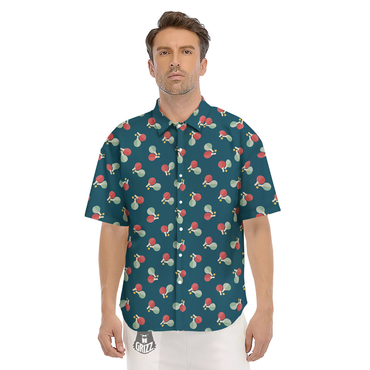 Blue Red Pingpong Print Pattern Men's Short Sleeve Shirts-grizzshop