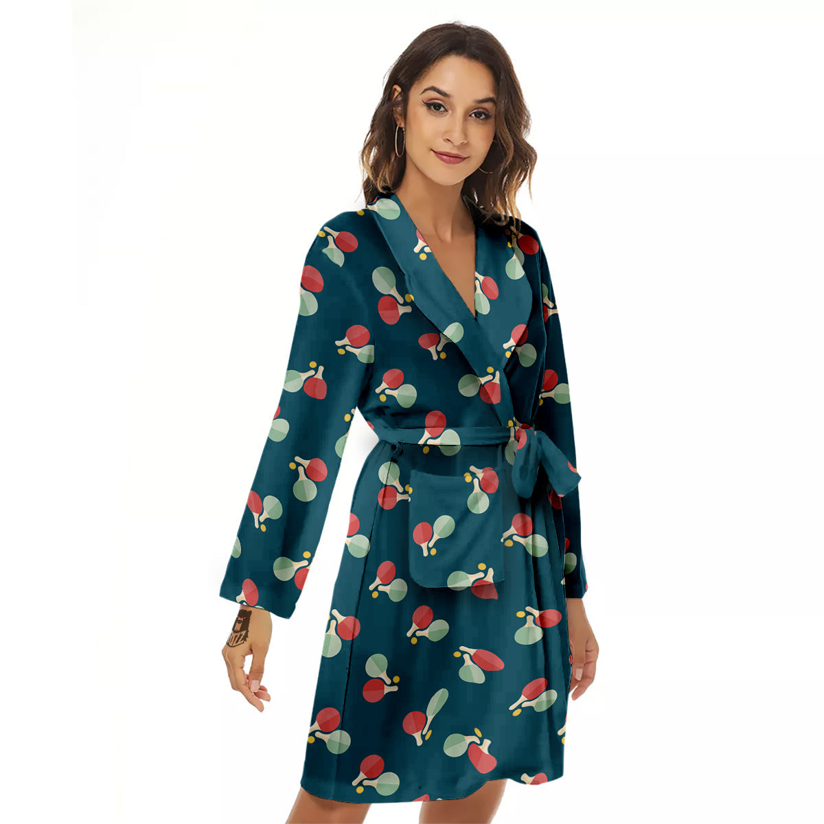 Blue Red Pingpong Print Pattern Women's Robe-grizzshop
