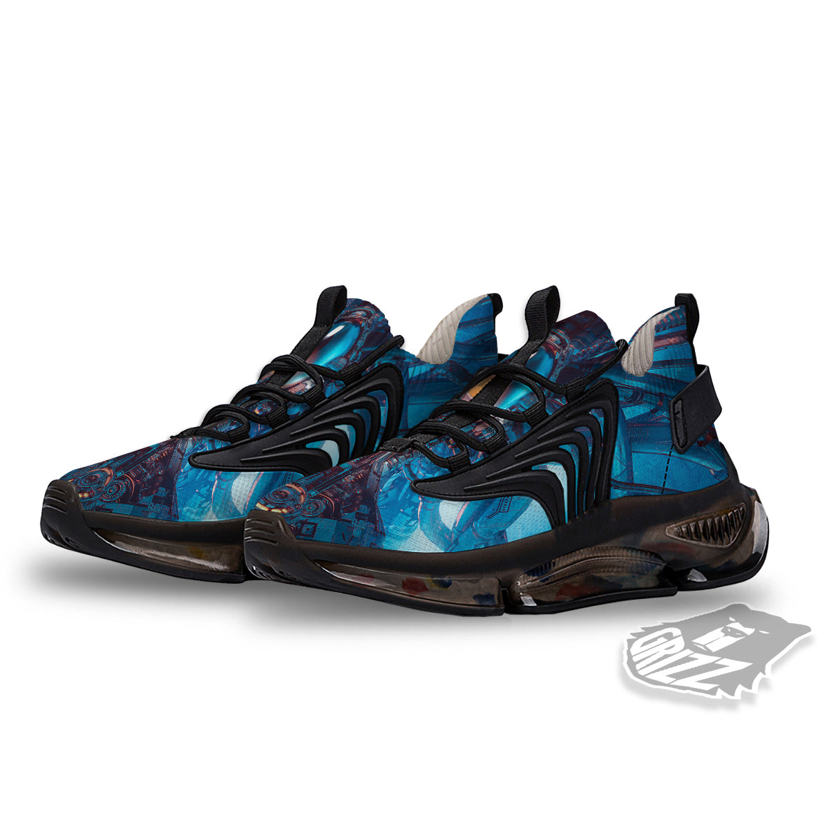 Blue Robot Cyberpunk Print Black Gym Shoes-grizzshop
