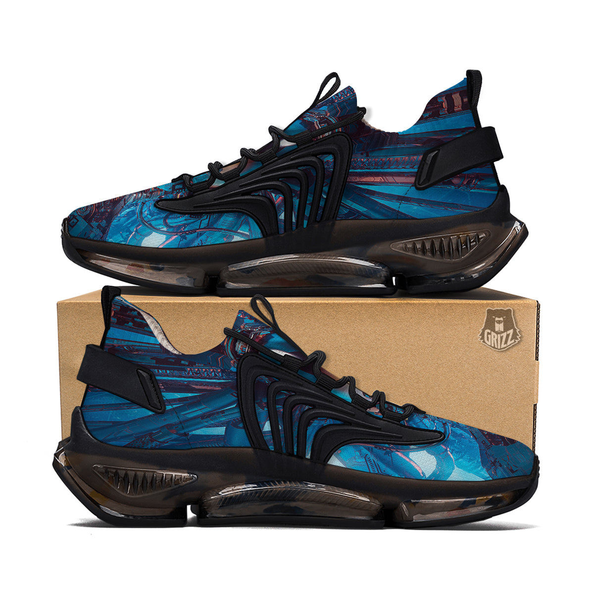 Blue Robot Cyberpunk Print Black Gym Shoes-grizzshop