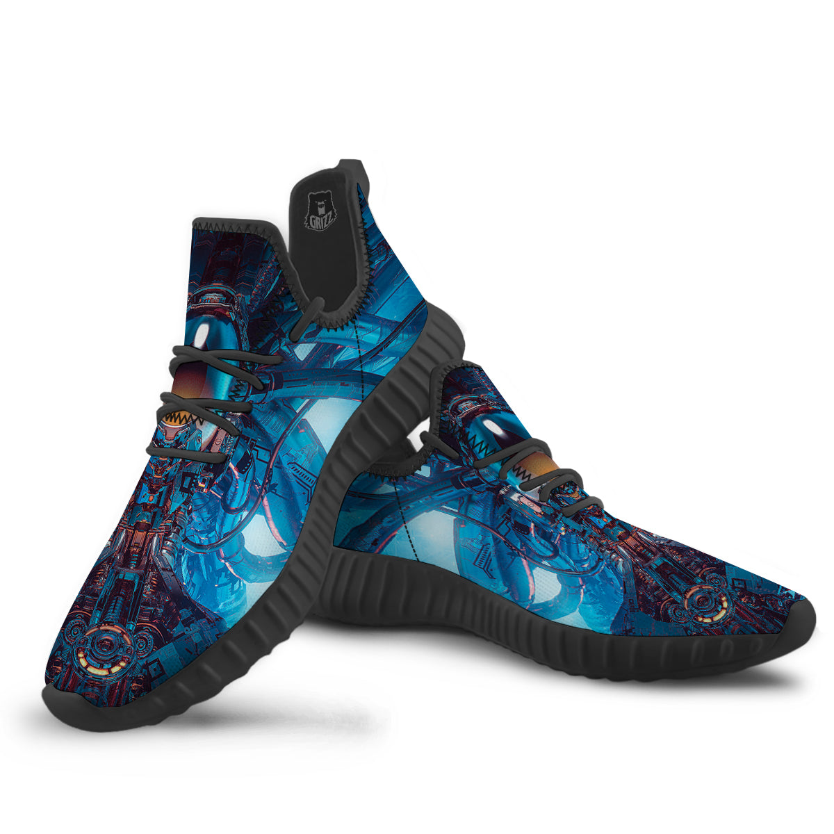 Blue Robot Cyberpunk Print Black Walking Shoes-grizzshop