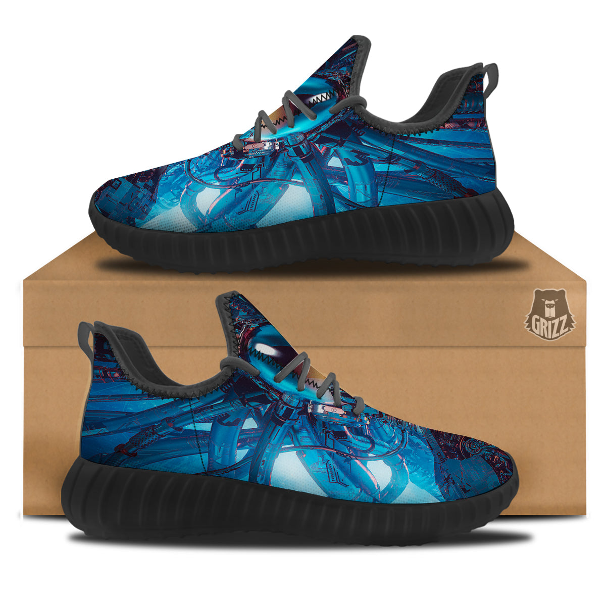 Blue Robot Cyberpunk Print Black Walking Shoes-grizzshop