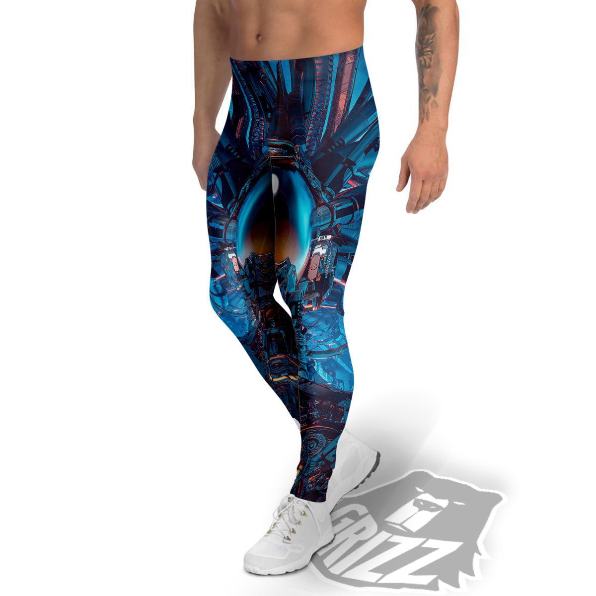 Blue Robot Cyberpunk Print Men's Leggings-grizzshop