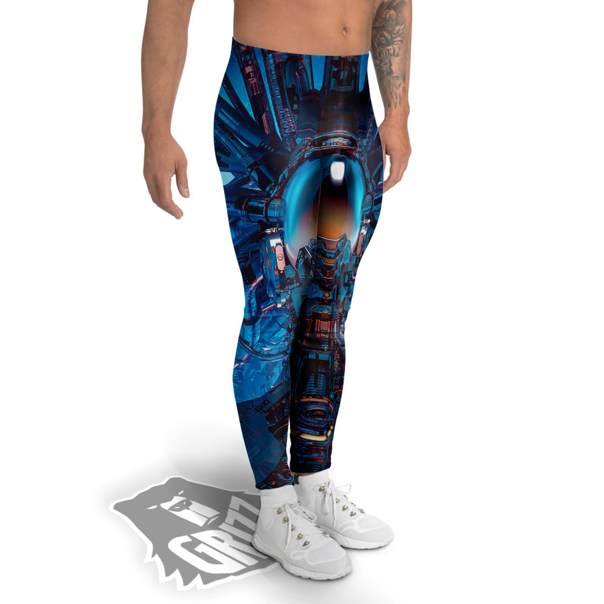 Blue Robot Cyberpunk Print Men's Leggings-grizzshop