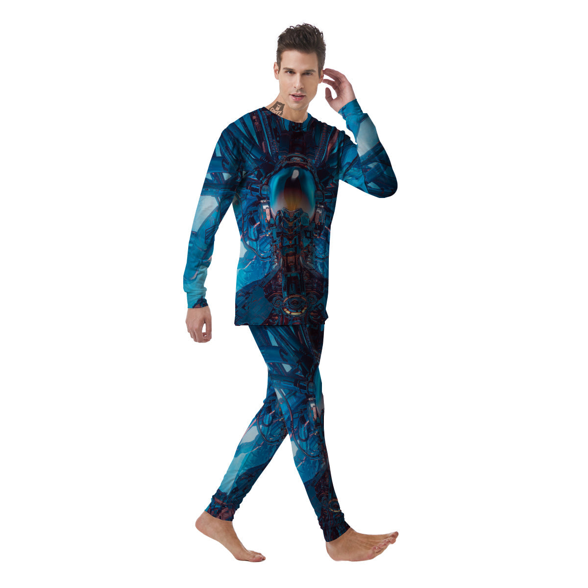 Blue Robot Cyberpunk Print Men's Pajamas-grizzshop