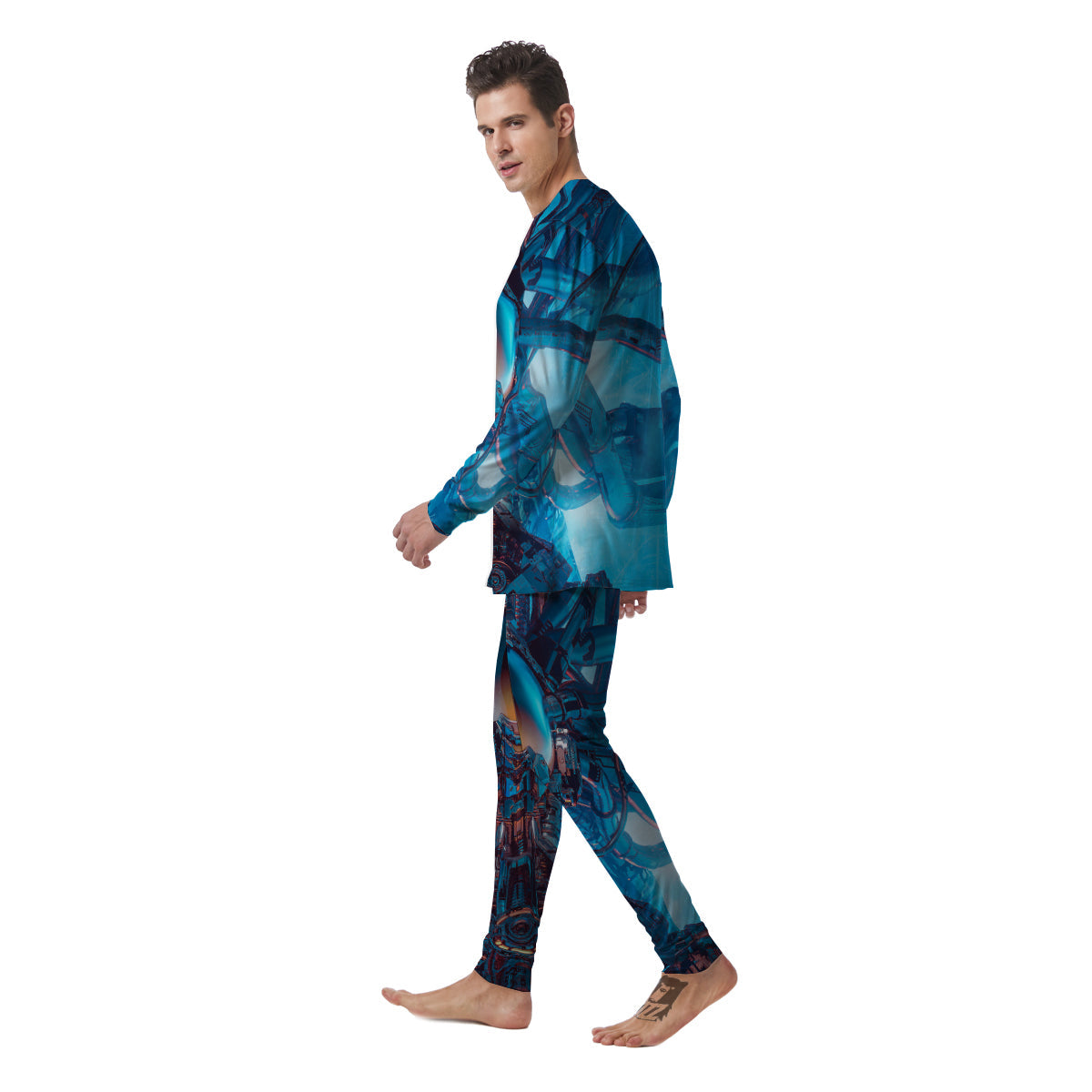 Blue Robot Cyberpunk Print Men's Pajamas-grizzshop