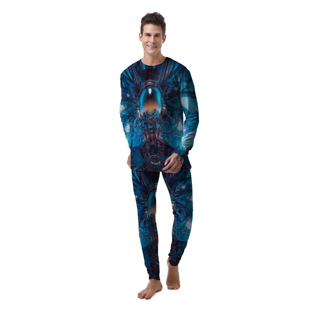 Blue Robot Cyberpunk Print Men's Pajamas-grizzshop