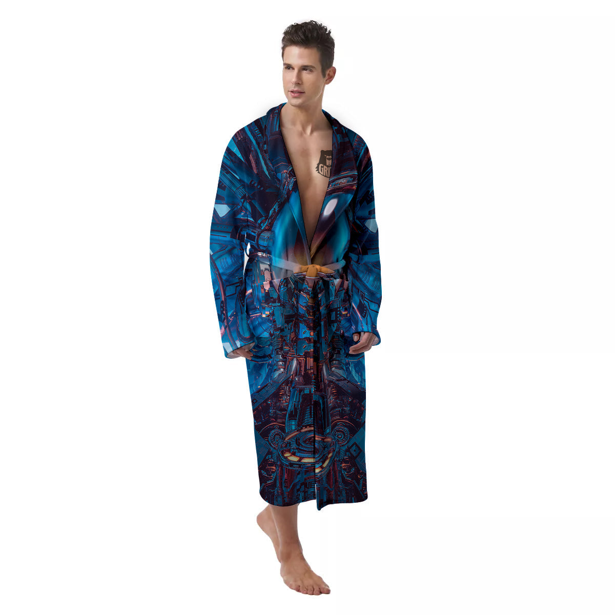 Blue Robot Cyberpunk Print Men's Robe-grizzshop
