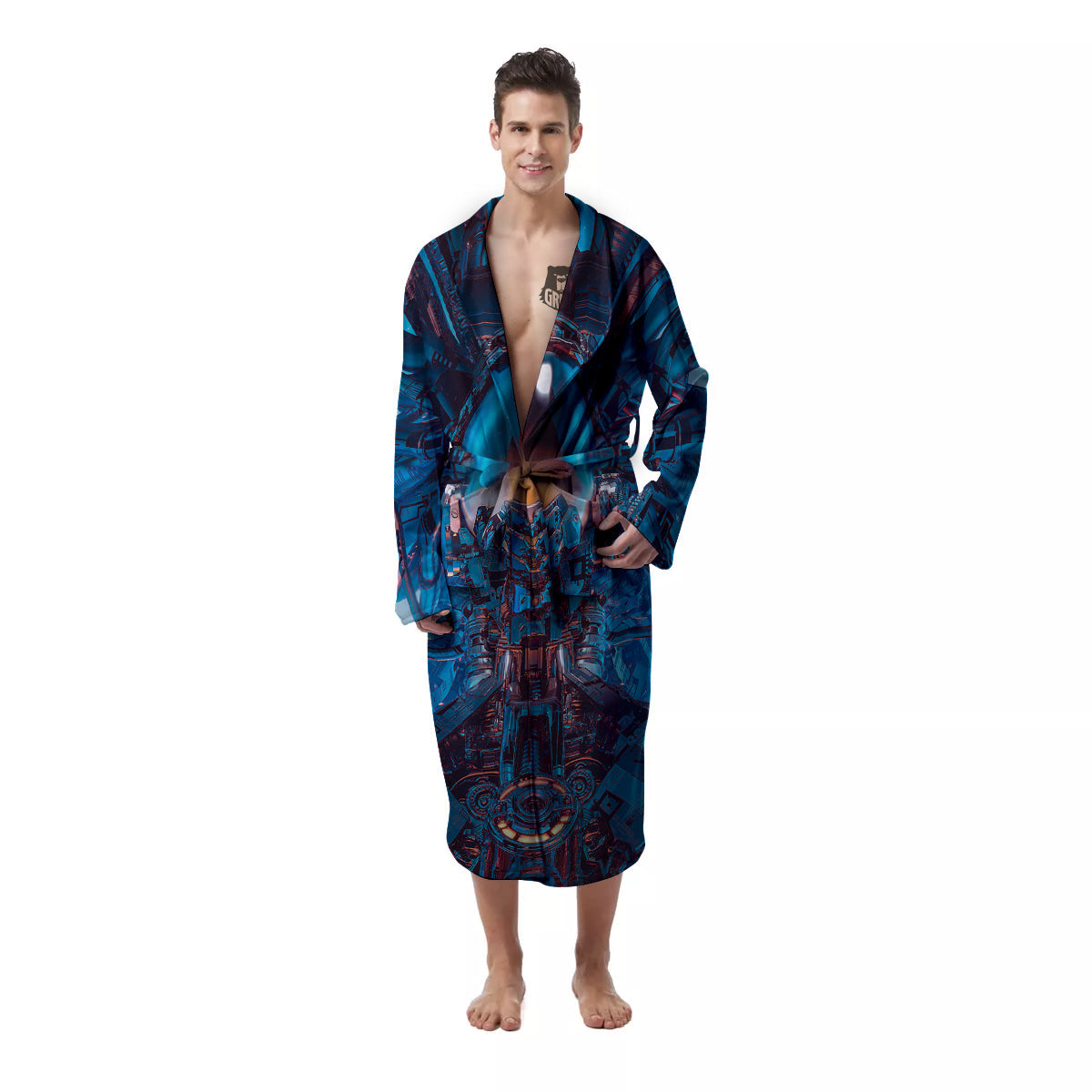 Blue Robot Cyberpunk Print Men's Robe-grizzshop