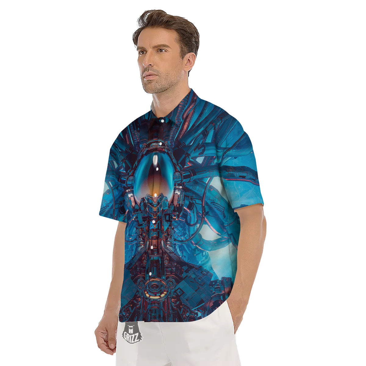 Blue Robot Cyberpunk Print Men's Short Sleeve Shirts-grizzshop