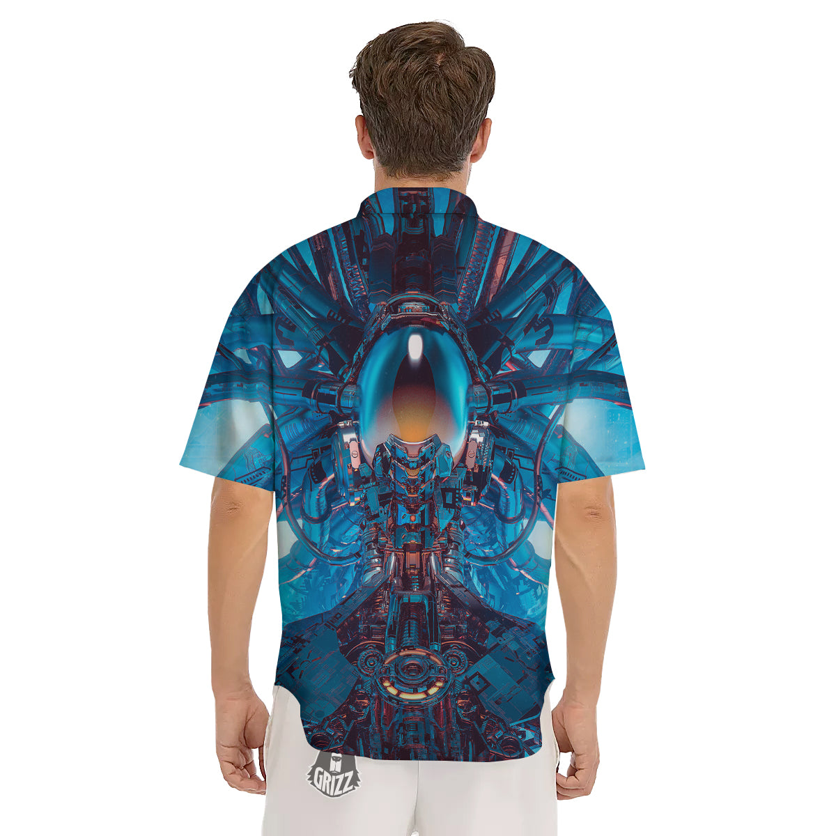 Blue Robot Cyberpunk Print Men's Short Sleeve Shirts-grizzshop