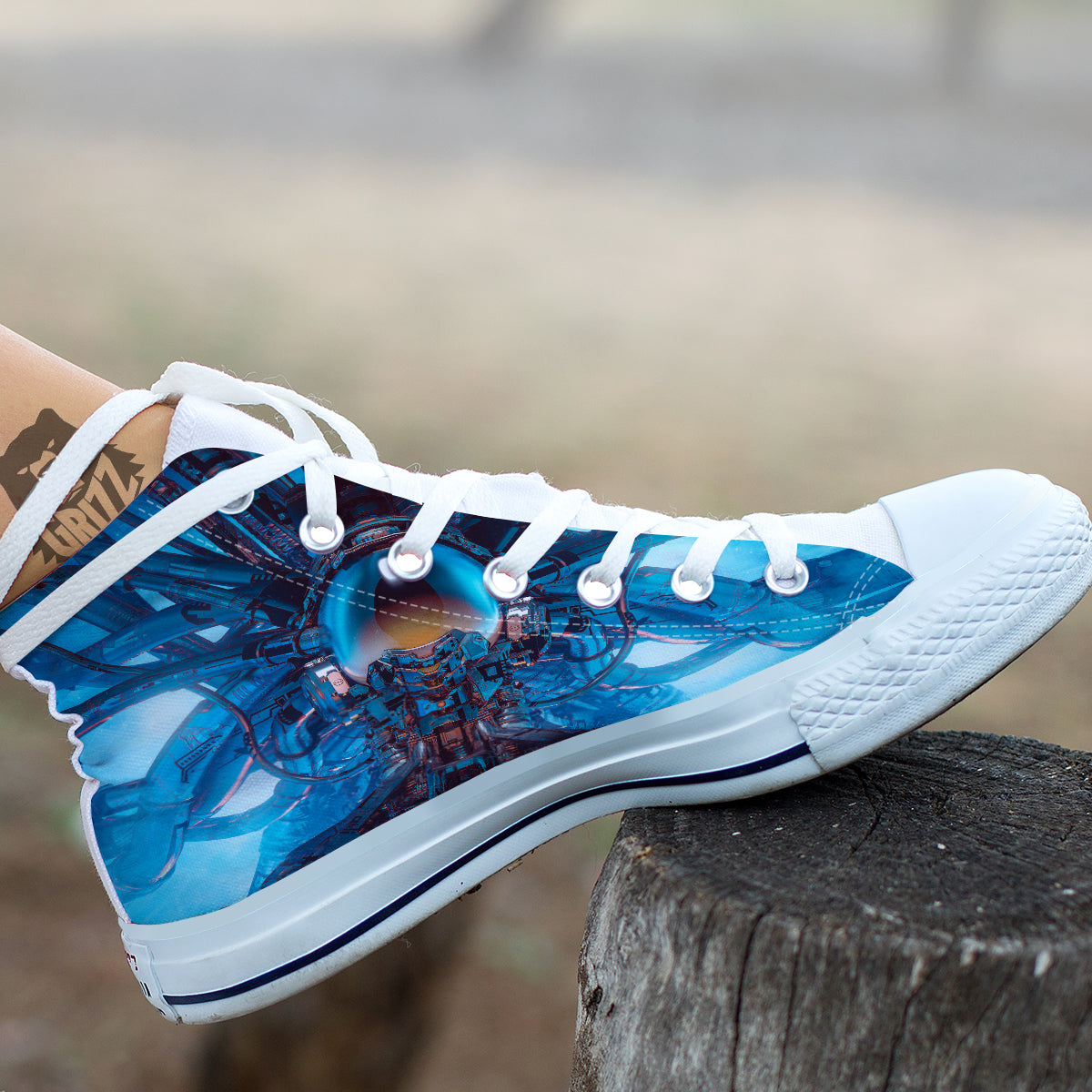 Blue Robot Cyberpunk Print White High Top Shoes-grizzshop