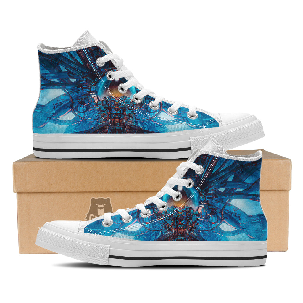 Blue Robot Cyberpunk Print White High Top Shoes-grizzshop