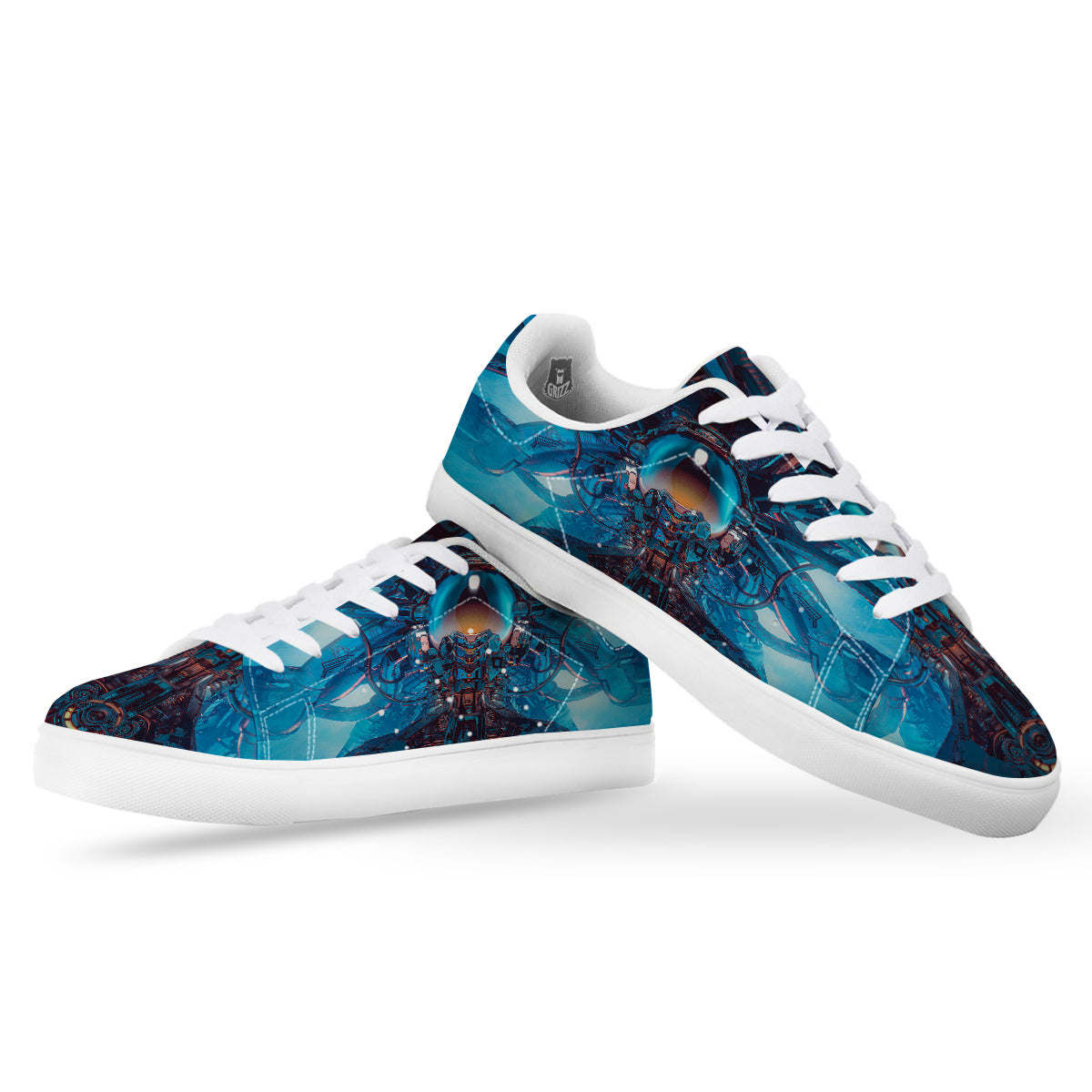 Blue Robot Cyberpunk Print White Low Top Sneakers-grizzshop