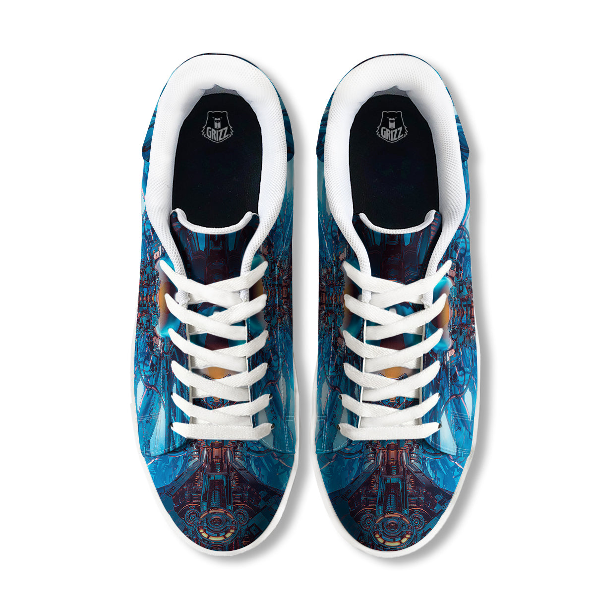 Blue Robot Cyberpunk Print White Low Top Sneakers-grizzshop