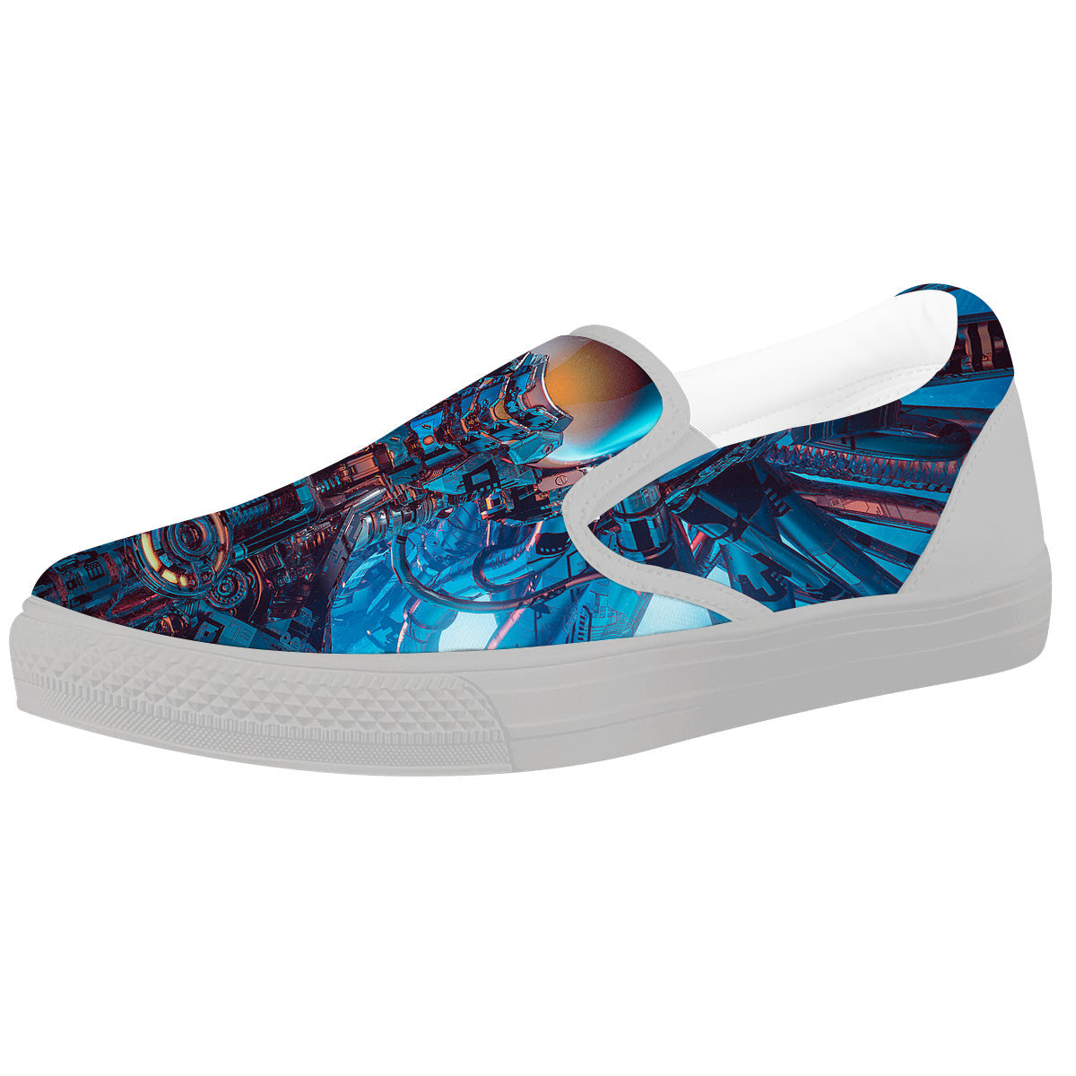 Blue Robot Cyberpunk Print White Slip On Shoes-grizzshop