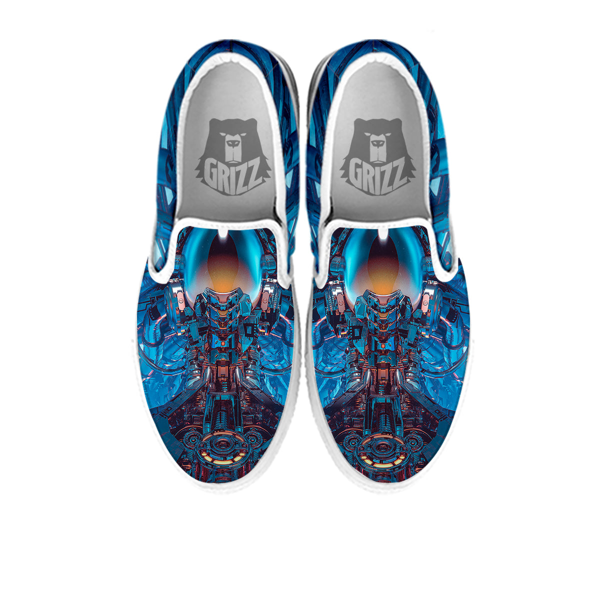 Blue Robot Cyberpunk Print White Slip On Shoes-grizzshop