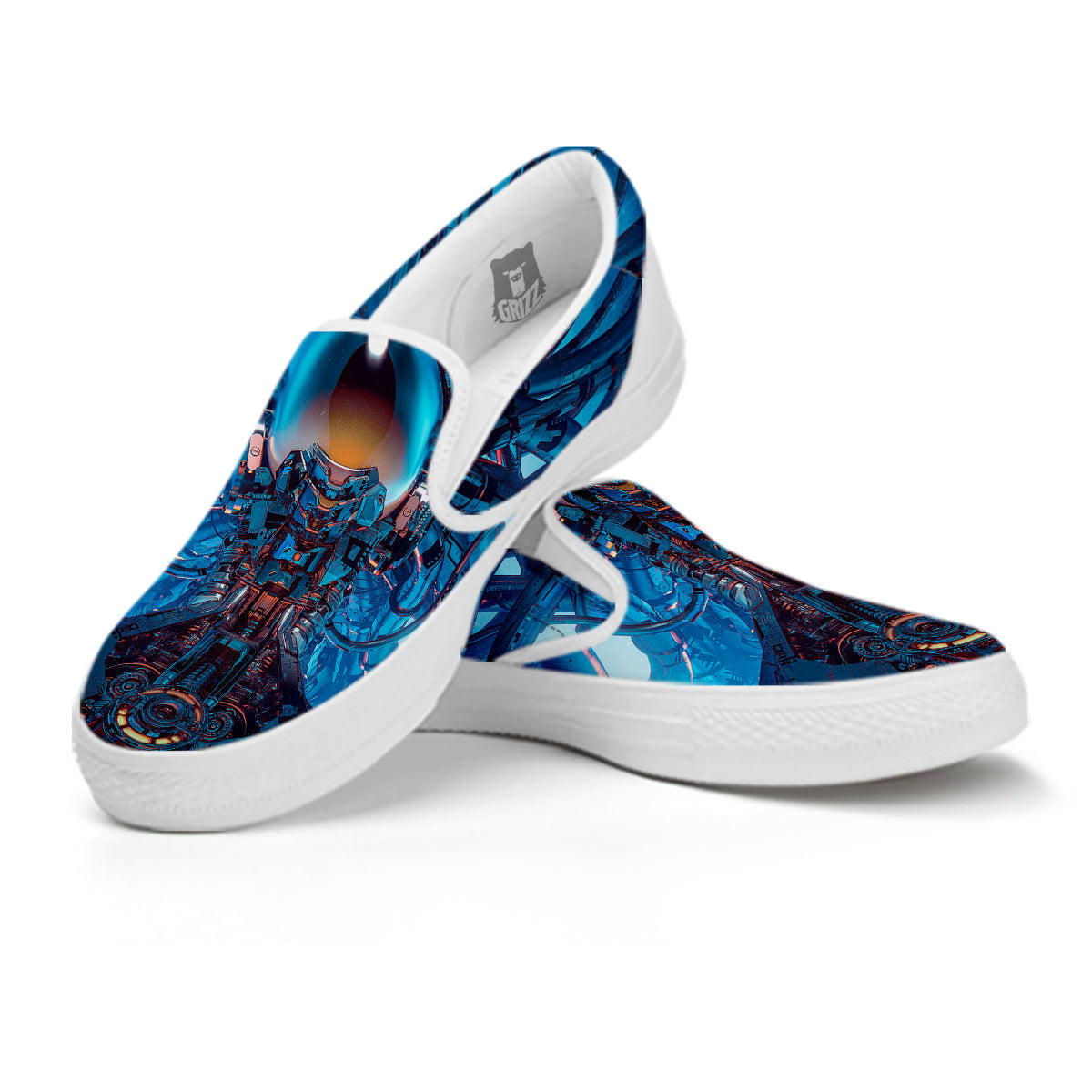 Blue Robot Cyberpunk Print White Slip On Shoes-grizzshop