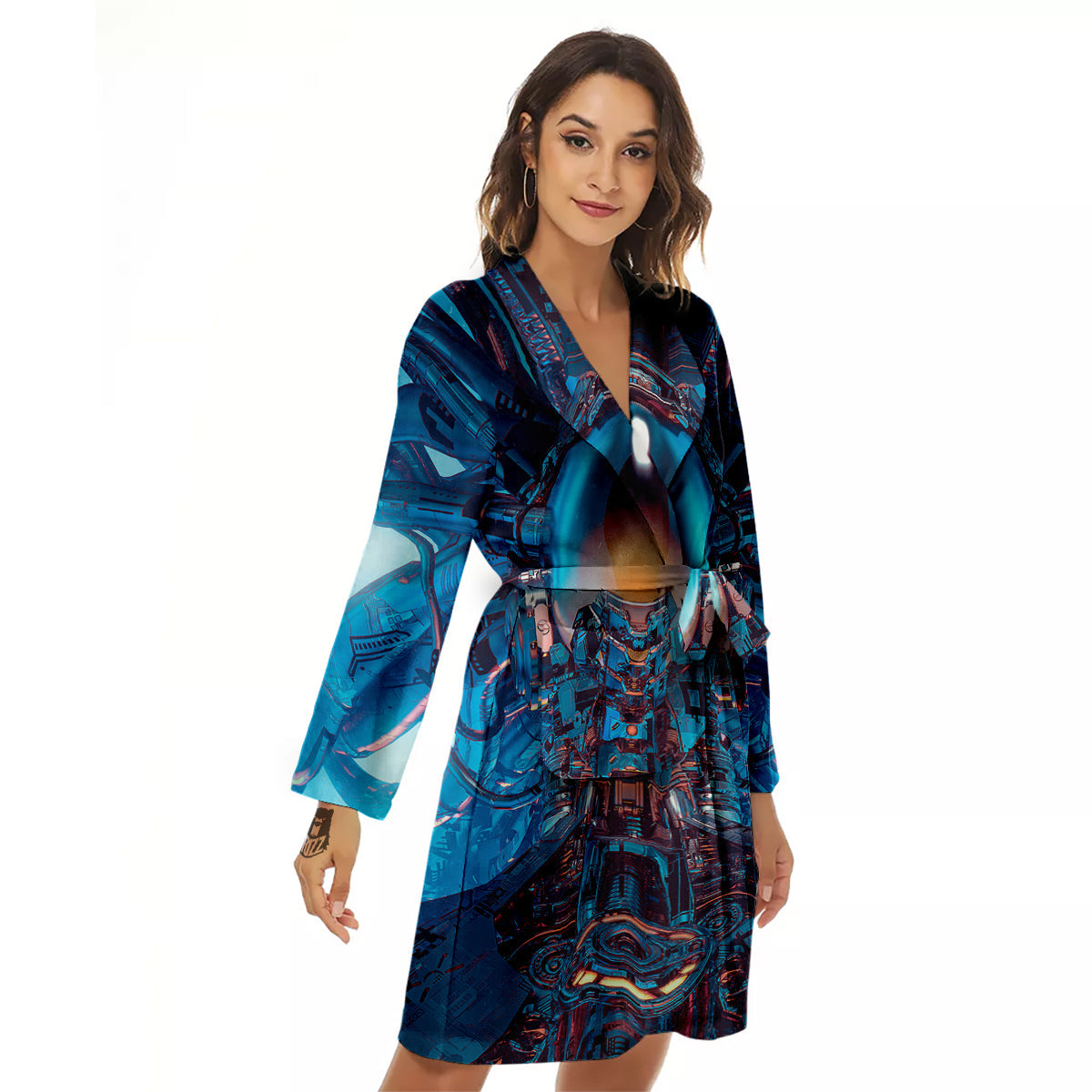 Blue Robot Cyberpunk Print Women's Robe-grizzshop