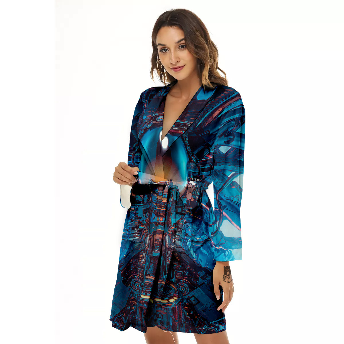 Blue Robot Cyberpunk Print Women's Robe-grizzshop