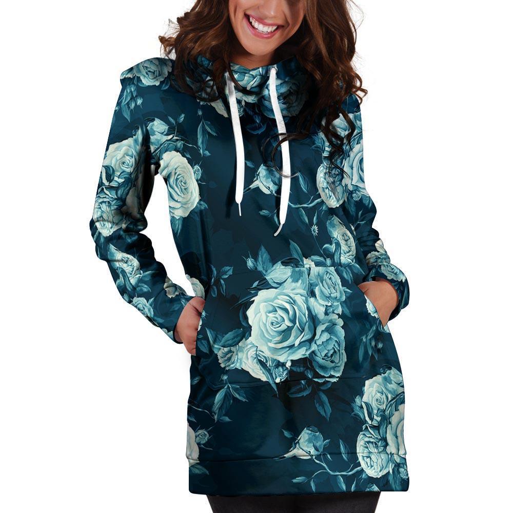 Blue Rose Floral Hoodie Dress-grizzshop